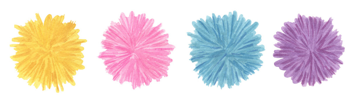 Realistic set of cute Pom Poms. Yellow, pink, blue, and purple hairy balls pompons. Trend colors for holidays and party. Hand drawn watercolor illustration isolated on transparent.