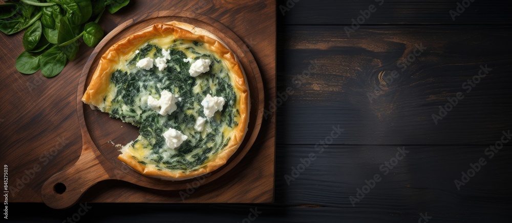 Aufkleber The Greek Pie Spanakopita consisting of spinach and cheese is beautifully presented on a wooden board with a gray background as seen from a top down perspective There is ample copy space available fo
