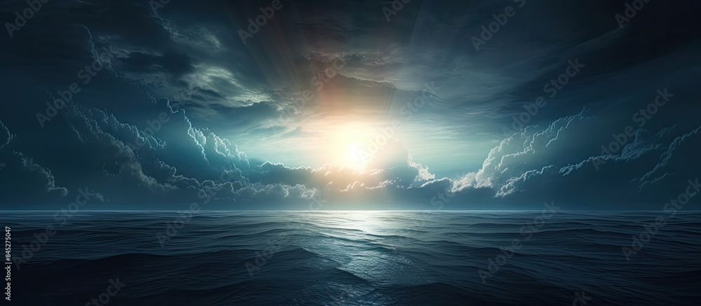 Poster a stunning seascape with ominous dark clouds a radiant sun emerging from the horizon and distant shi