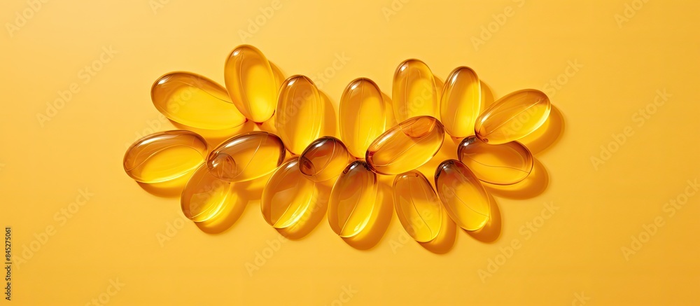 Poster A high resolution copy space image of cod liver oil capsules arranged in the shape of a flower on a yellow background giving a healthcare concept