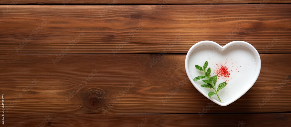 Poster a top down view of a white heart cup decoration on a wooden table background with a spicy sauce and 