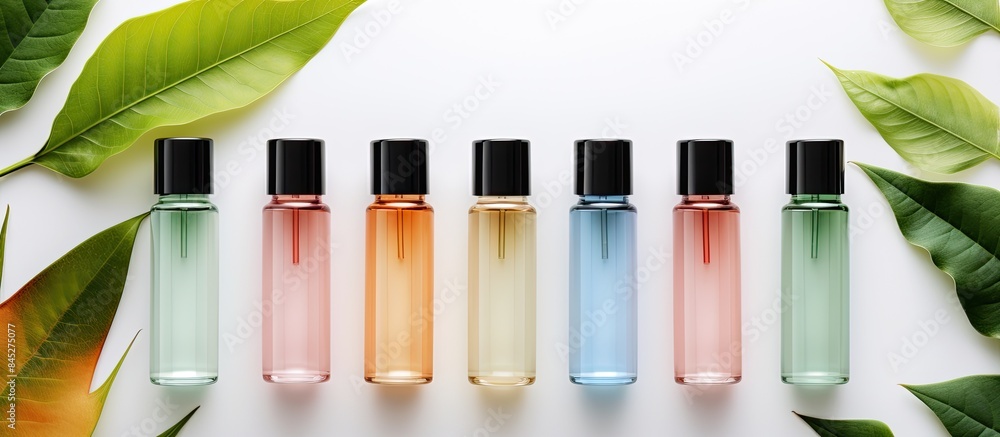 Poster top view of a set of serum bottles for face care in natural cosmetics placed on a background with mu