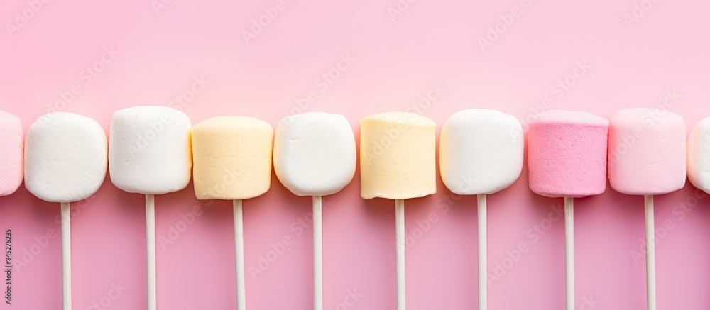 Poster top view of various pastel colored marshmallows on sticks arranged on a pink pastel background provi