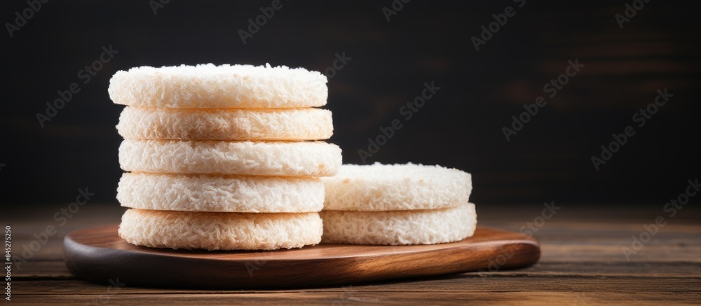 Poster a gluten free stack of rice cakes on a textured wooden background inviting a healthy diet with ample