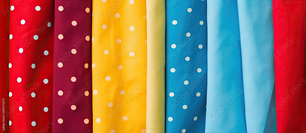 Poster copy space image of vibrant polka dot napkins with a variety of colors including red sky blue and ye