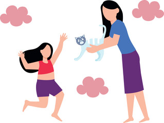 The girls are playing with a cat.