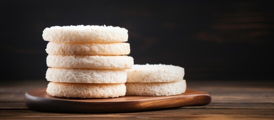 A gluten free stack of rice cakes on a textured wooden background inviting a healthy diet with ample copy space for adding textual information