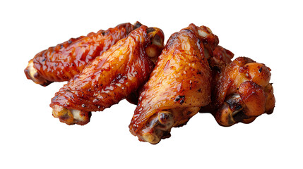 Delicious grilled chicken wings with a glossy glaze, isolated on transparent background cutout. Perfect for barbecue or appetizer dishes. Mouthwatering and savory, ideal for food blogs