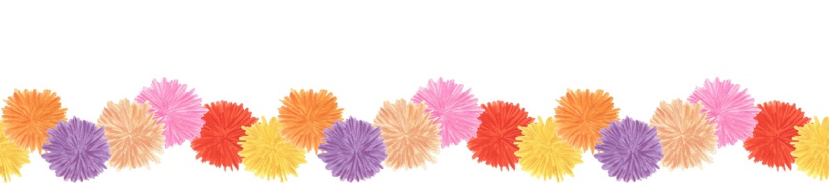 Watercolor banner with colorful pom poms. Seamless pattern with trends colors: pink, beige, red and purple. Holidays and party theme. Hand drawn illustration isolated on transparent.