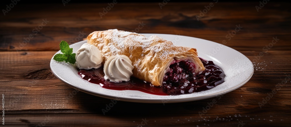 Aufkleber a top view of a mouthwatering dessert consisting of strudel accompanied by a delectable berry jam an