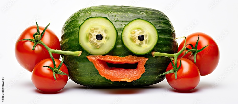 Poster a humorous image featuring a face made from tomatoes and cucumber isolated on a white background ill