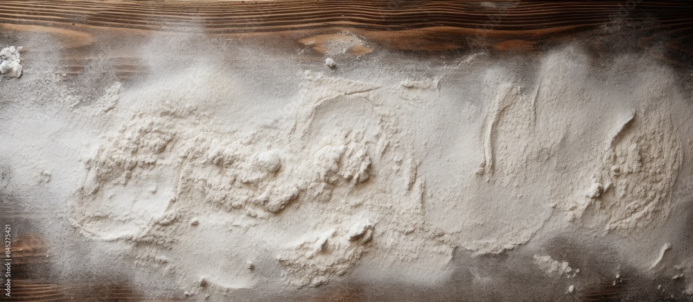 Poster A top down view of a dark table covered in a powdery texture resembling white flour and sand The background is suitable for baking or cooking food There is ample space for advertising text making it