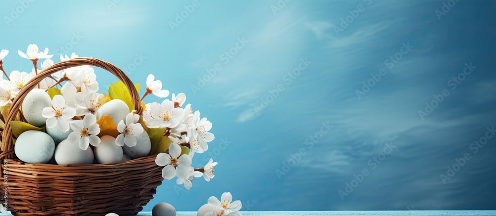 Poster the easter concept is represented by a delightful basket filled with eggs and flowers showcased on a