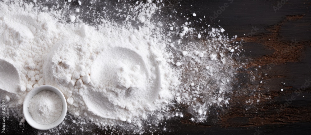 Aufkleber A top down view of a dark table covered in a powdery texture resembling white flour and sand The background is suitable for baking or cooking food There is ample space for advertising text making it