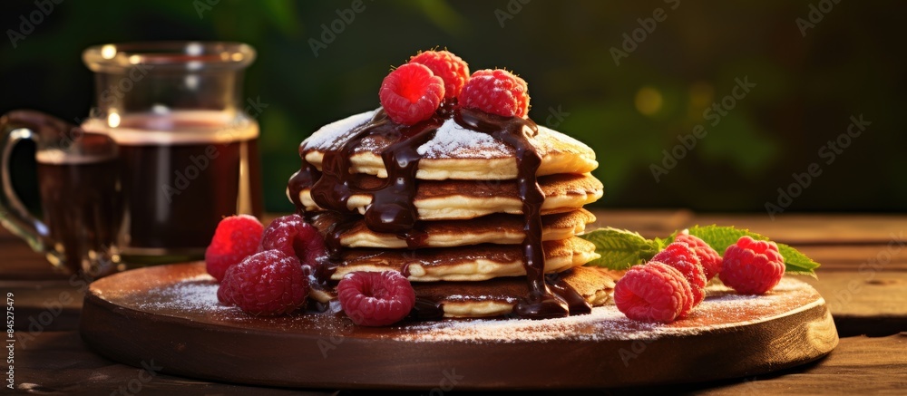 Poster copy space image of a rustic wooden table adorned with homemade pancakes topped with fresh raspberri