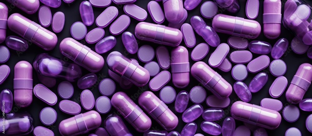 Poster A collection of medicine bottles filled with purple pills arranged neatly in a flat lay formation creating a visually appealing copy space image