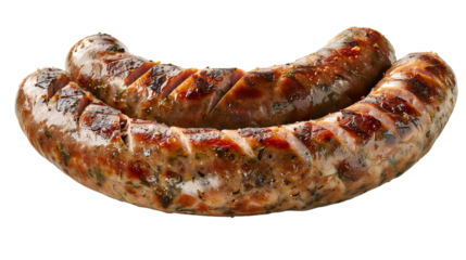Grilled sausages on isolated transparent background cutout. Perfectly charred and seasoned, ideal for BBQ and culinary presentations.