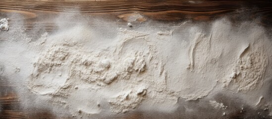 A top down view of a dark table covered in a powdery texture resembling white flour and sand The background is suitable for baking or cooking food There is ample space for advertising text making it