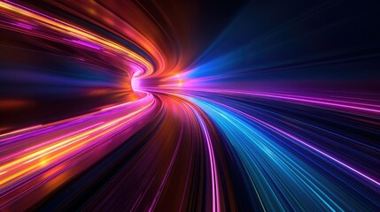 Obraz premium A vibrant, dynamic light trail emerging from a central point, shades of blue, purple, pink, and orange sense of energy and futuristic technology