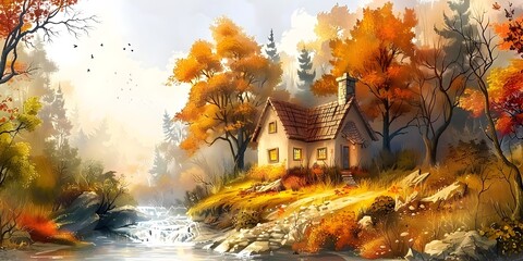 Cozy Autumn Cabin Nestled in a Lush Forest Beside a Tranquil River