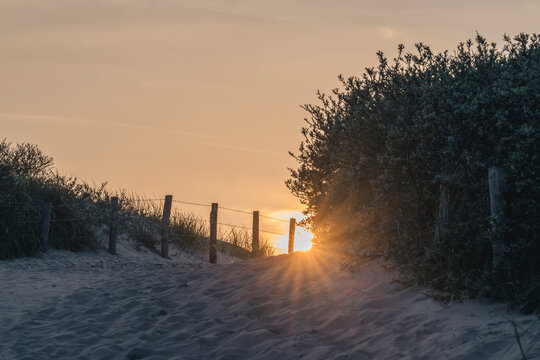 Netherlands, South Holland,KatwijkaanZee,Beach sand at sunset