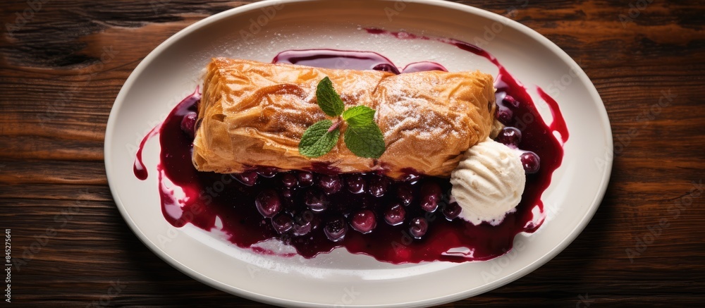 Poster a top view of a mouthwatering dessert consisting of strudel accompanied by a delectable berry jam an