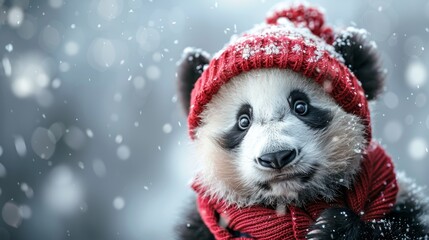 A cute panda wearing a red knitted hat and scarf, looking at the camera in a snowy winter scene.