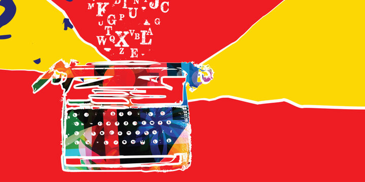 Art collage with vintage typewriter for content creation, marketing and copywriting. Storytelling, creativity and blogging concept