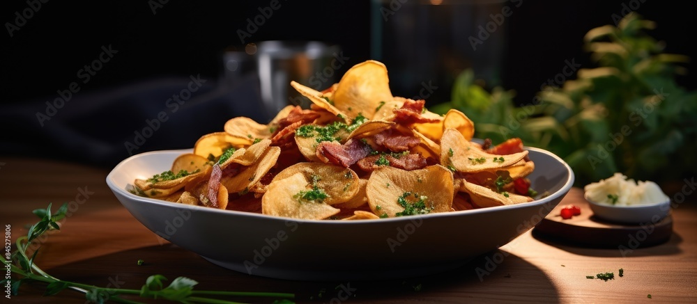 Poster A delectable arrangement with crispy potato chips and savory bacon presented on a table providing ample space for creative elements in the image