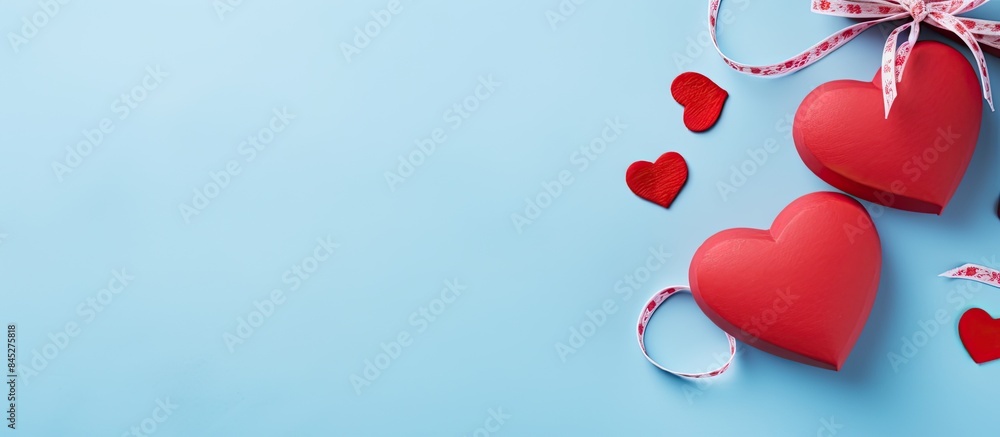 Poster A Valentine s Day composition featuring two gentle red hearts and a gift box placed on a pastel blue background from a top down perspective Creating a flat lay the image includes ample copy space