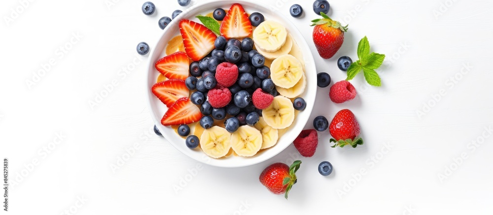 Aufkleber Top view of a summer breakfast consisting of delicious pancakes adorned with fresh fruits like banana blueberries and strawberries The copy space image features a white background creating an invitin