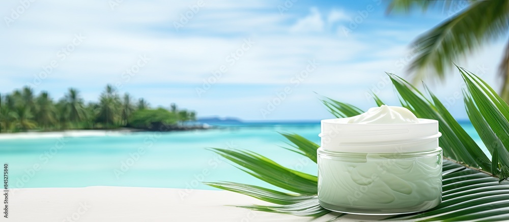 Poster A green scrub with gel like texture is seen on a white background along with green palm leaves The image also features a skin cleansing cream and enough space for additional content