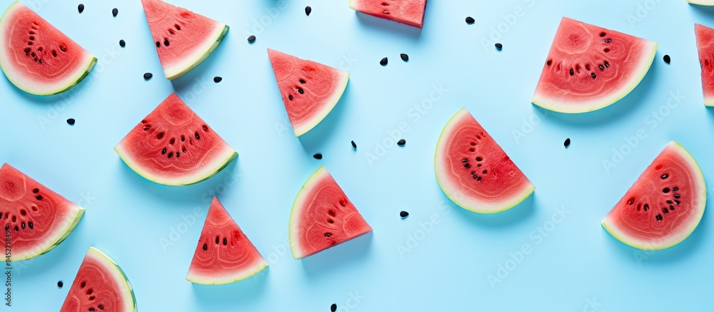 Poster bright light blue background with a red watermelon slice pattern creates a fresh and trendy summer a