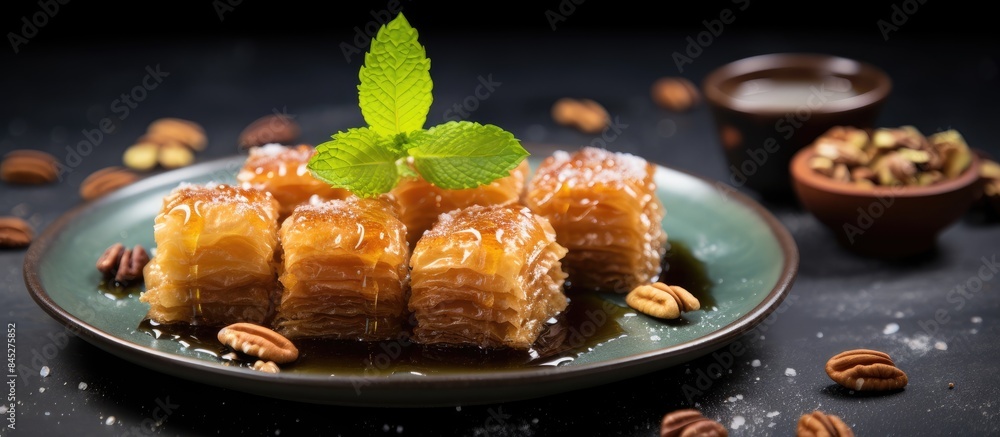 Poster a top view copy space image of arabic baklava with walnuts and honey on a black background this trad