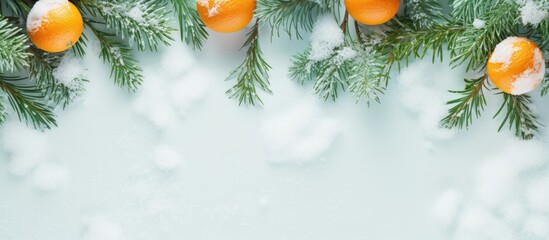 Snow covered fir branches and vibrant tangerines contrast beautifully against a light green backdrop in this top down view Ample copy space is available