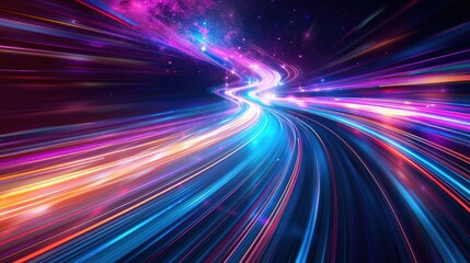 A vibrant, dynamic light trail emerging from a central point, shades of blue, purple, pink, and orange sense of energy and futuristic technology