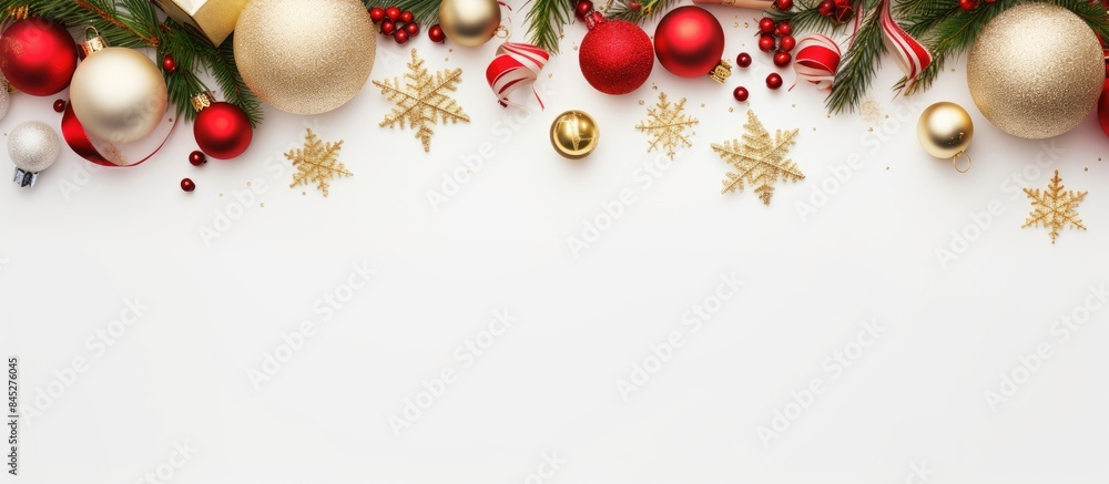 Aufkleber Christmas decorations and gifts are arranged in a festive frame on a white background providing empty space for design in this flat lay copy space image