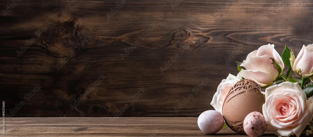 Aufkleber a close up photograph of a wooden easter egg and rose flowers placed on a textured wooden background