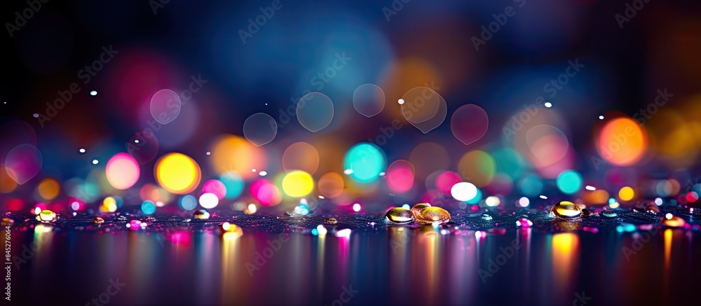 Poster A vibrant and abstract image with colorful rainbow drops and sparkles set against a dark background The rainbow creates a bokeh effect appearing as lines overlaying the image Copy space image