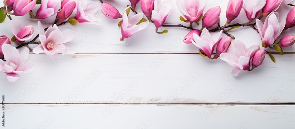 Aufkleber a top down view of a white greeting card with pink magnolia flowers placed on a white wooden table t