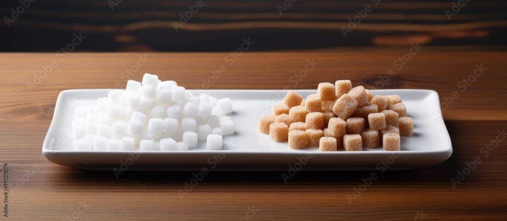 Poster a black square plate holds white and brown sugar nubs creating an enticing display on a bright woode