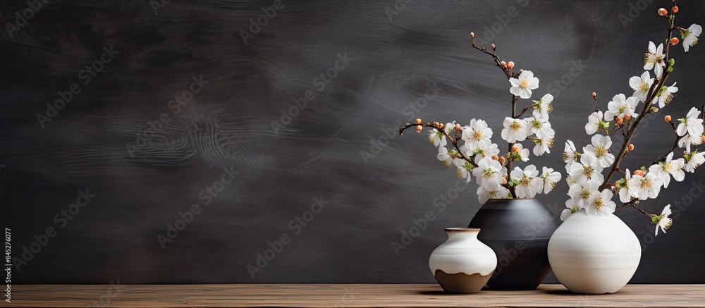 Poster a wooden table showcasing black and white vases adorned with beautiful spring apricot blossoms creat