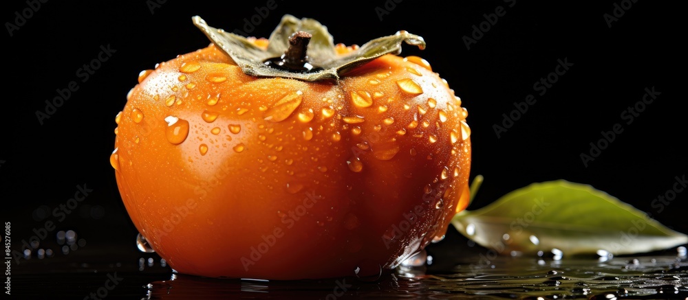 Poster A close up side view of a persimmon resting on a wooden background adorned with water droplets There is plenty of copy space available for text or additional elements