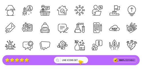 Gps, Inspect and Write line icons for web app. Pack of E-mail, Speech bubble, Chemistry lab pictogram icons. Fair trade, Table lamp, Cleanser spray signs. Veins, Discrimination, Winner flag. Vector