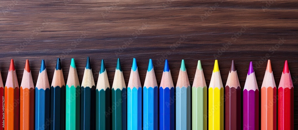 Poster the image showcases a collection of colored pencils arranged neatly on a rustic wooden table providi