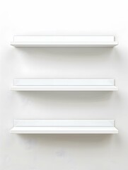 Empty white floating shelves above each other on white wall. Place for your products
