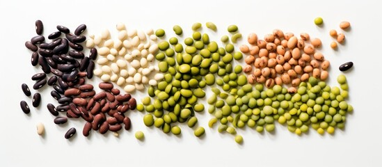 Fototapeta premium Copy space image featuring a top view or flat lay of various beans including white black red soy and green mung mixed together on a white background