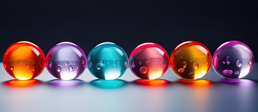 A captivating copy space image featuring vibrant hydrogel balls on a grey background The colorful balls cast intriguing shadows resembling water beads or orbeez