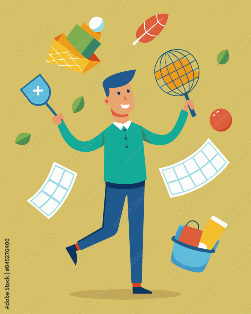 Poster an illustration of a person juggling multiple bills and expenses with a safety net labeled as their 
