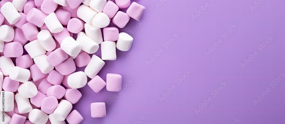 Poster A purple background displays a vibrant arrangement of colored marshmallows with a flat lay design The tabletop mockup provides ample copy space for customization